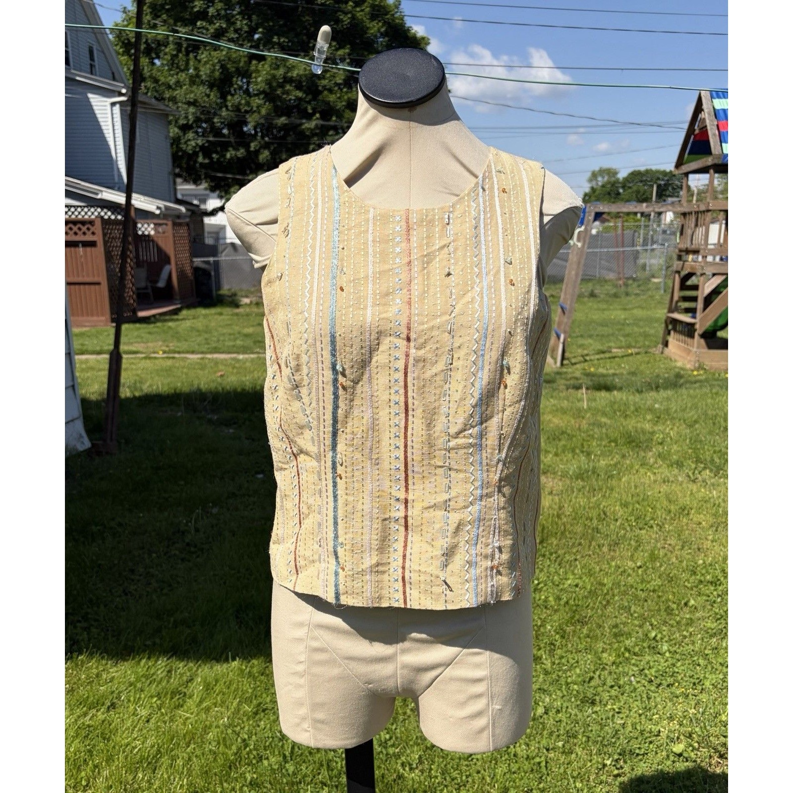 St. Tropez West Linen Blend Tan Beaded Embroidered Boho Hippie Tank Shirt Sz 6